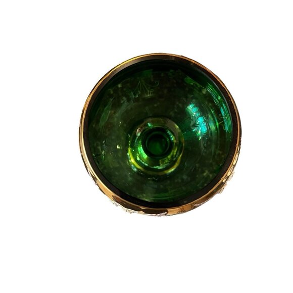 Bohemia Czech Emerald Green Chalice Art Glass Goblet Gold Textured Paint Flowers - Picture 4 of 5